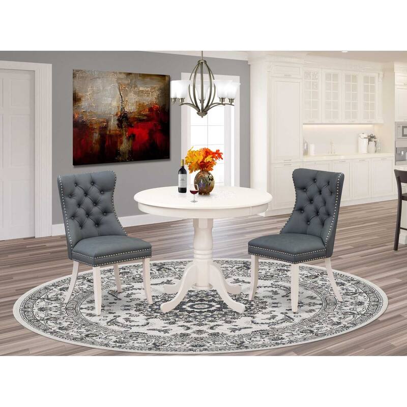 3-Piece Linen White Finish Solid Wood Top - Round Upholstered Dining Room Set - Seats 4
