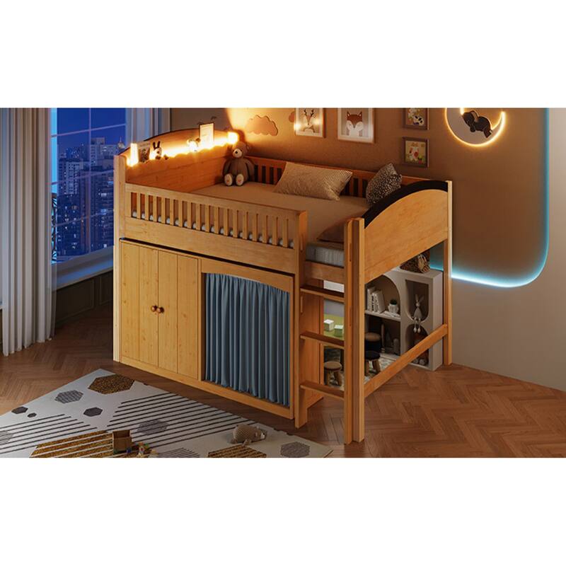 Roomfitters Twin/Full Size Loft Bed with Storage Cabinet, Wardrobe and LED Light