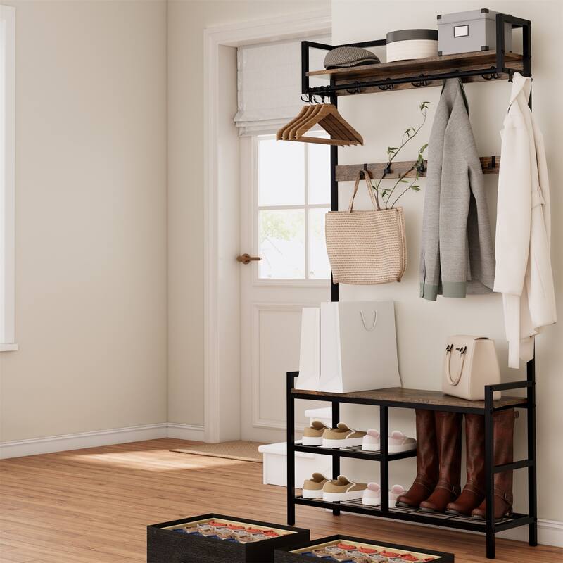 33.1" 5-in-1 Coat Rack with 2 Movable Drawers, Shoe Storage and Hooks