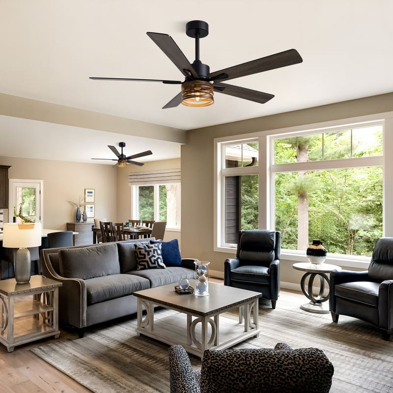 52 Inch Farmhouse Ceiling Fans with Lights and Remote Wood Black Industrial Rustic Caged Ceiling Fan for Bedroom Living Room