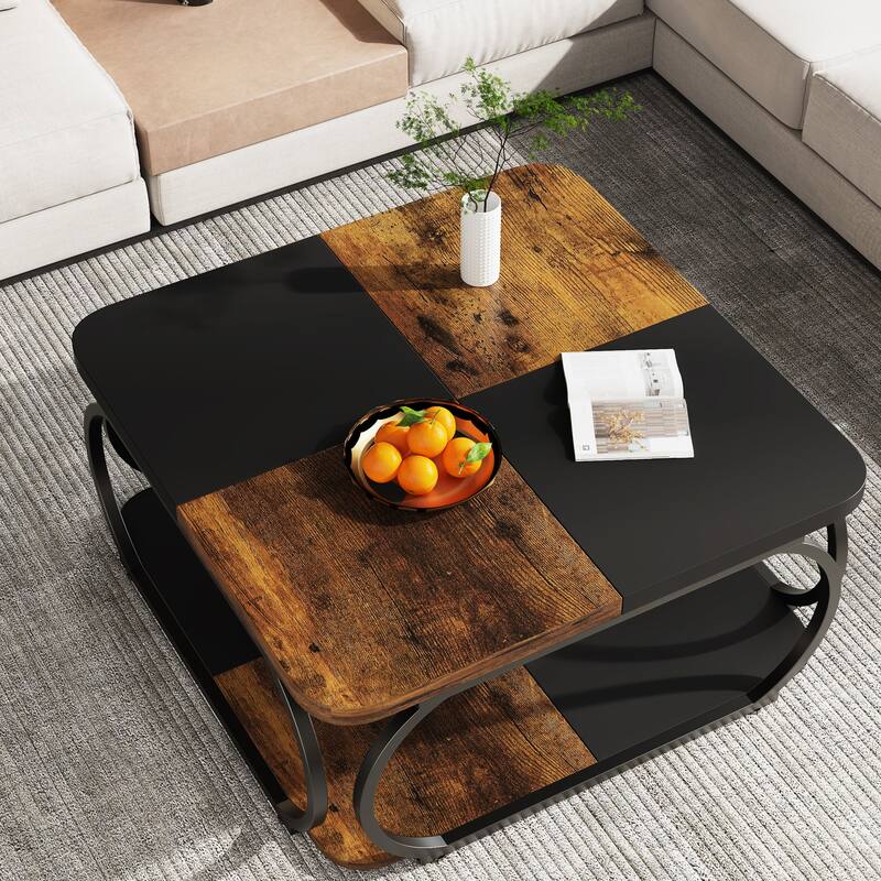 2-tier Square Coffee Table with Curved Metal Frame for Living Room