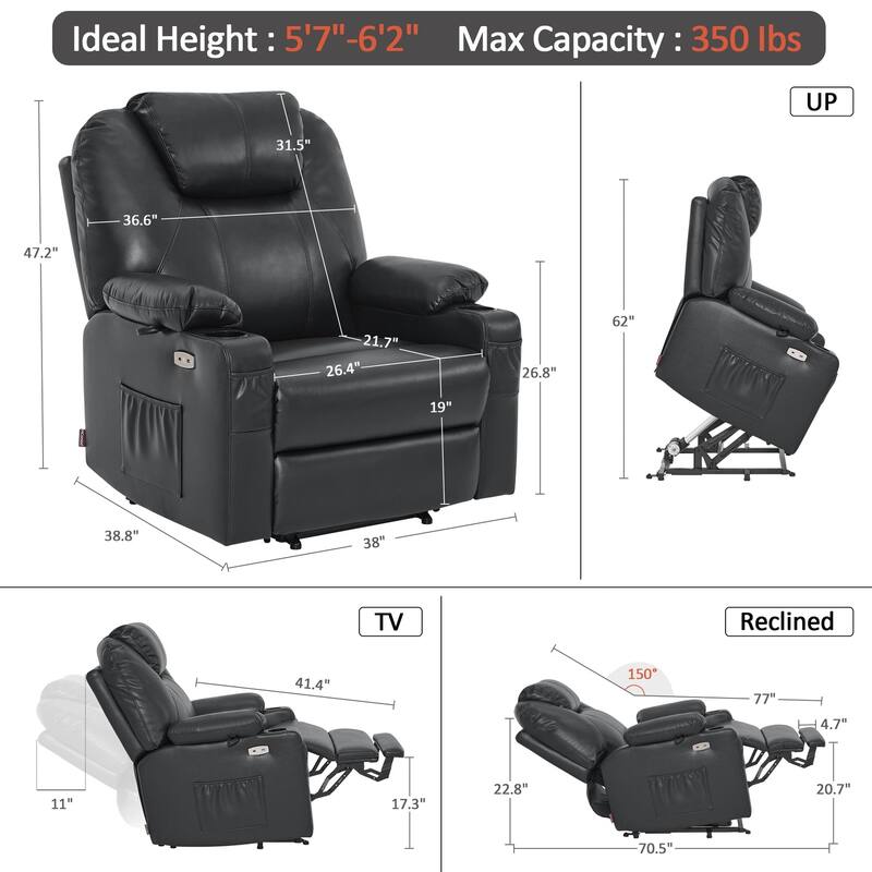 MCombo Large-Wide Power Lift Recliner Chair Sofa with Massage and Heat for Elderly People, Faux Leather R7510