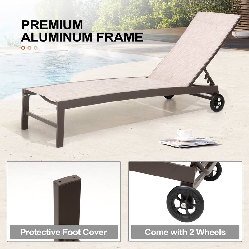 Outdoor Adjustable Chaise Lounge Chairs with Wheels Aluminum Sun Lounger