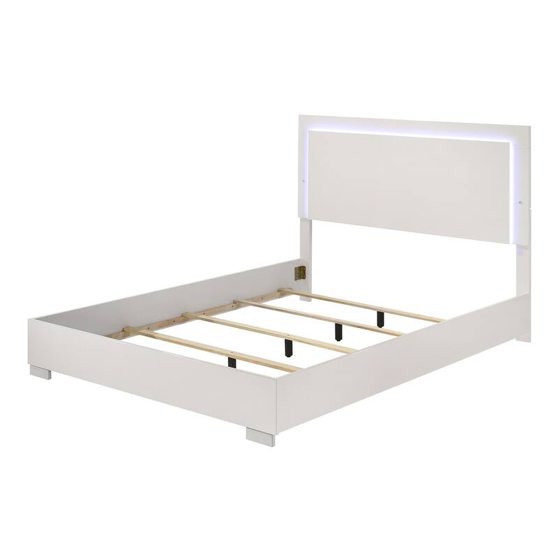 Queen Size Bed with LED Headboard, White UV Finish, Modern Bedroom Furniture