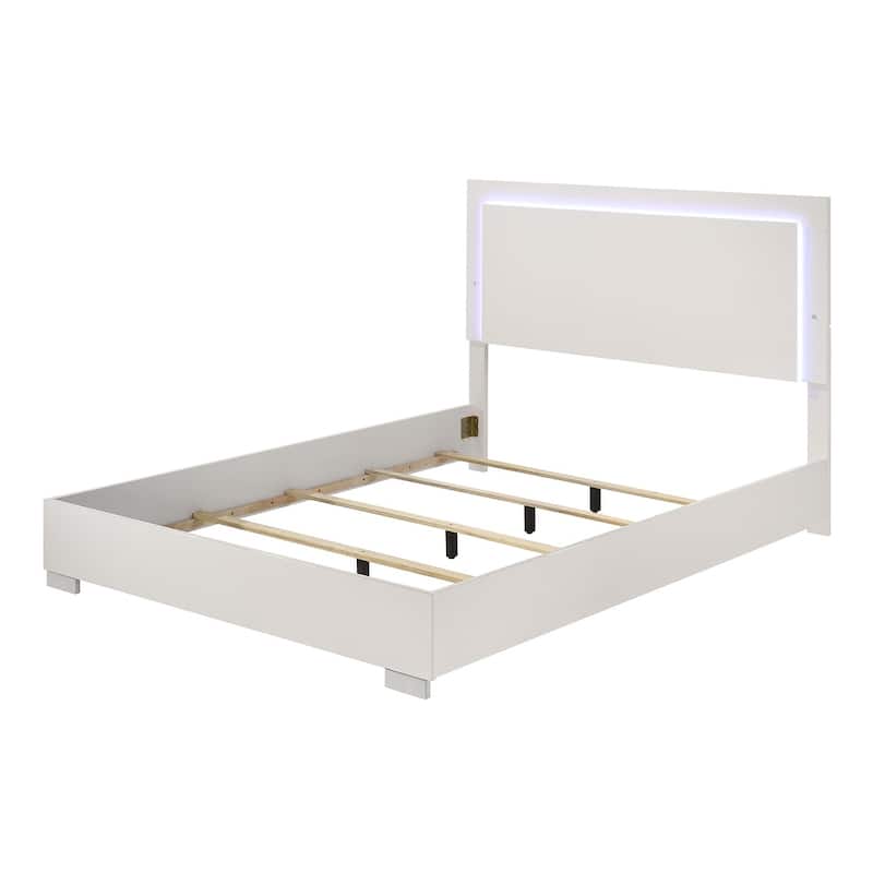 Queen Size Bed with LED-Illuminated Headboard, Sleek UV Finish, Chrome Legs and Vertical Handle Accents