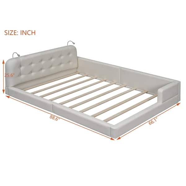 dimension image slide 1 of 2, Queen Size Upholstered Platform Bed with 2 Reading Lights, White