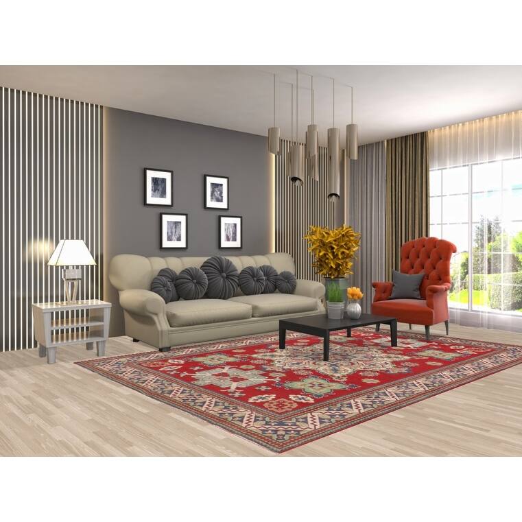 Red Kazak Oriental Area Rug Hand-Knotted Dining Room Wool Carpet - 6'8" x 9'9"