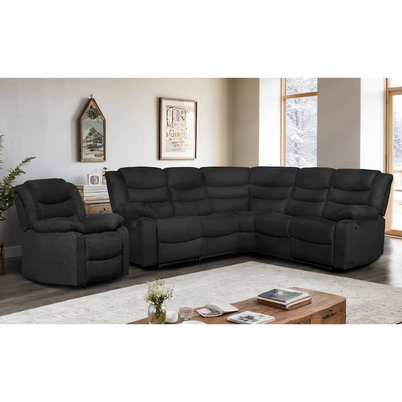 Recliner and Sectional Sofa Set, Suede 6-Piece Manual Reclining Sectional Sofa Set with Dropdown Table - Black