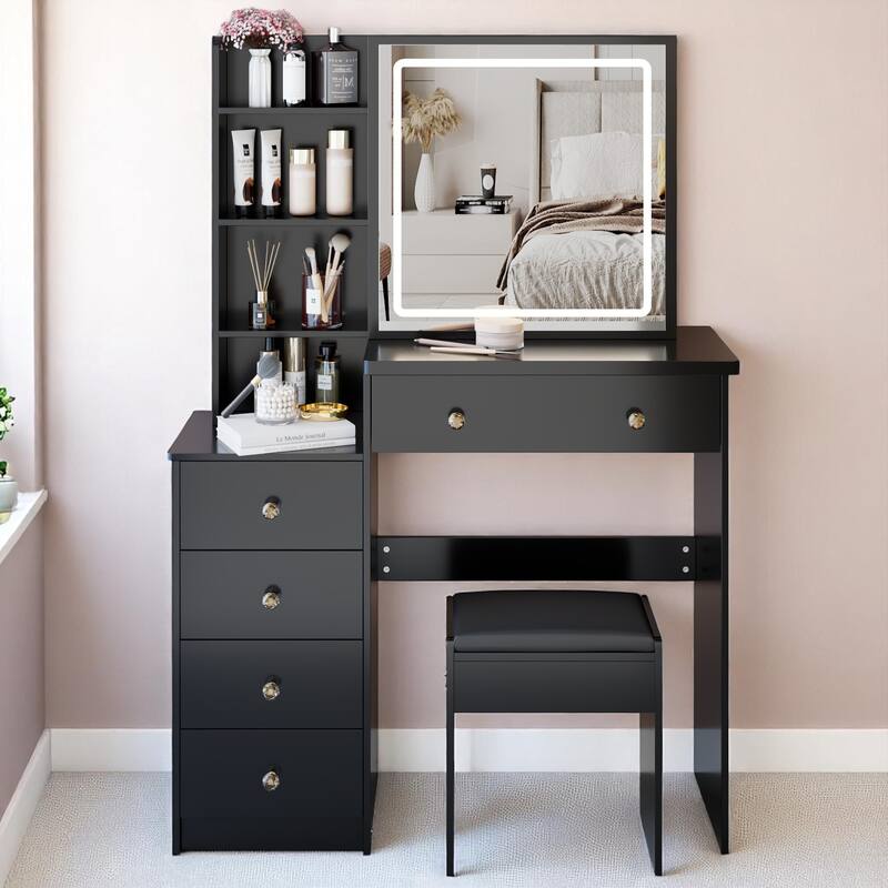 37" Lighted Vanity Table with Adjustable LED Mirror, Wide Storage, Stool, Ideal for Bedroom or Dressing Area - Black