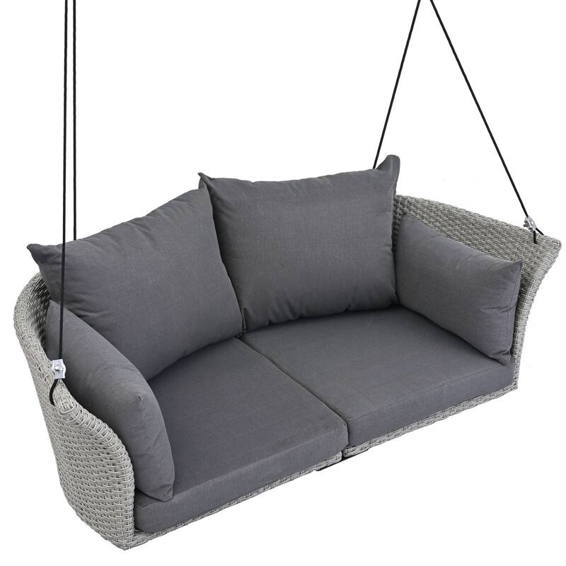 All-Weather Woven Swing Chair for Two, Outdoor Hanging Chair with Adjustable Ropes & Waterproof Cushions