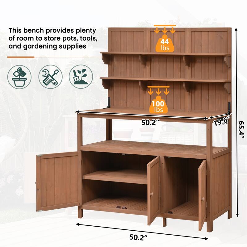 Roomfitters 50 Inch Solid Fir Wood Potting Bench with Hutch and Cabinets, Garden Workstation Table