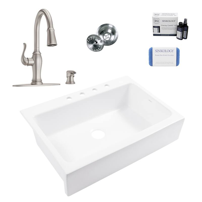 Parker Crisp White Fireclay 34" Single Bowl Quick-Fit Farmhouse Apron Front Drop-in Kitchen Sink (1 Hole) with Maren Faucet Kit