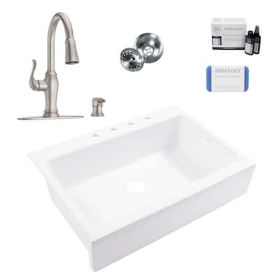 Parker Crisp White Fireclay 34" Single Bowl Quick-Fit Farmhouse Apron Front Drop-in Kitchen Sink (1 Hole) with Maren Faucet Kit