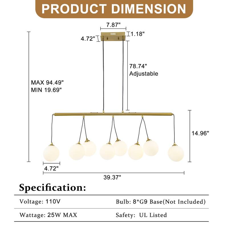 8-Light Gold Linear Kitchen Island Pendant Light Frosted Glass Globes - Dia.39.37-in