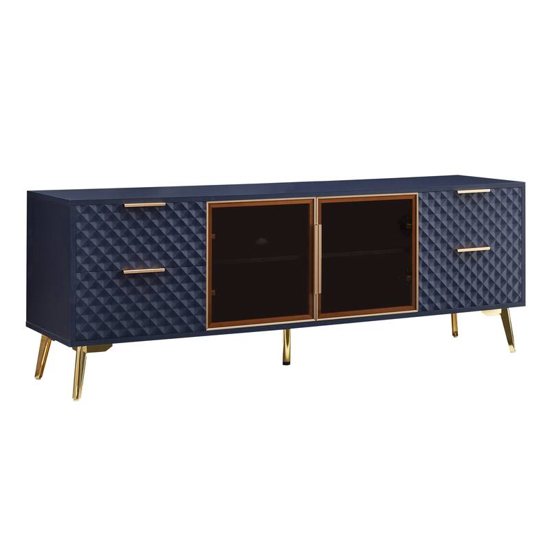 Modern TV Stand, Geometric Design TV Stand with 4 Drawers Aluminum Frame and Tempered Glass Door, for Living Rooms, Dark Blue