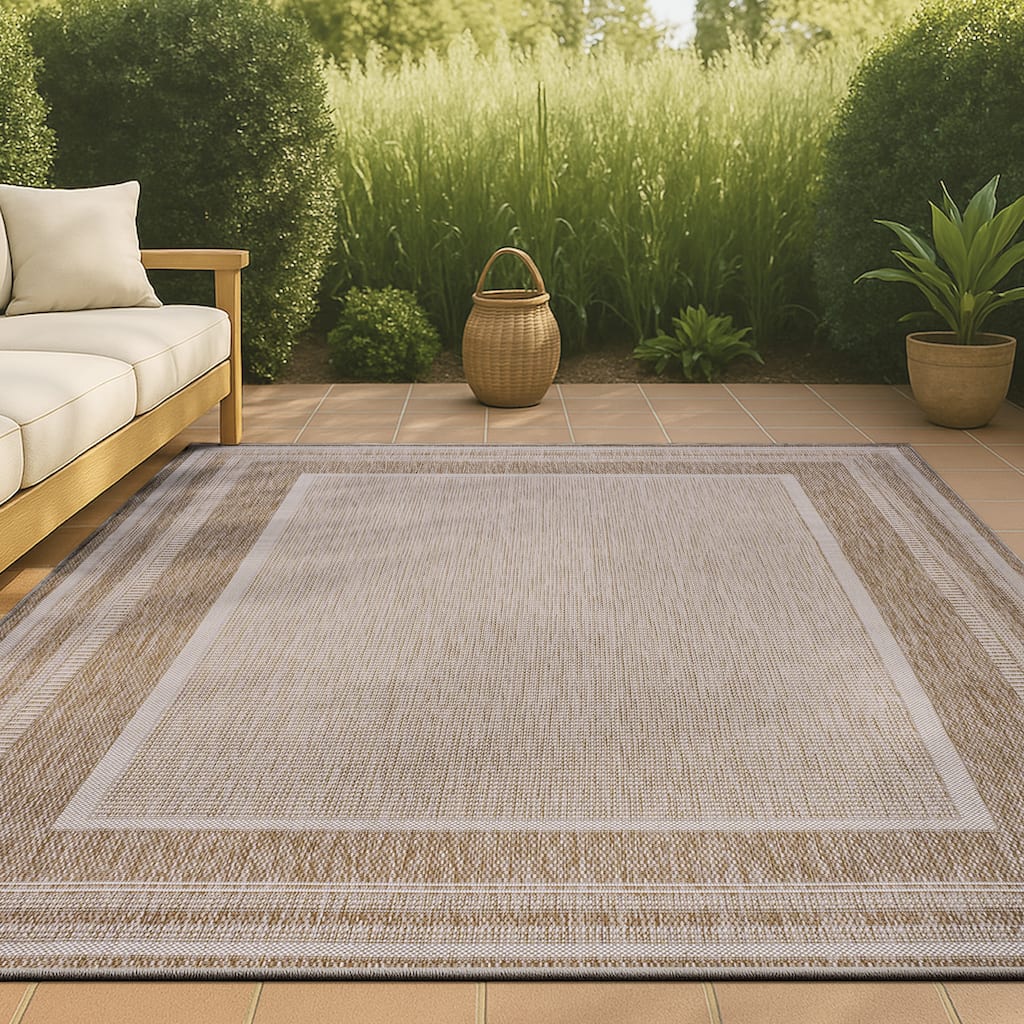 JONATHAN Y Dover Classic Casual Border Stripe Beige/Cream Indoor/Outdoor Area Rug