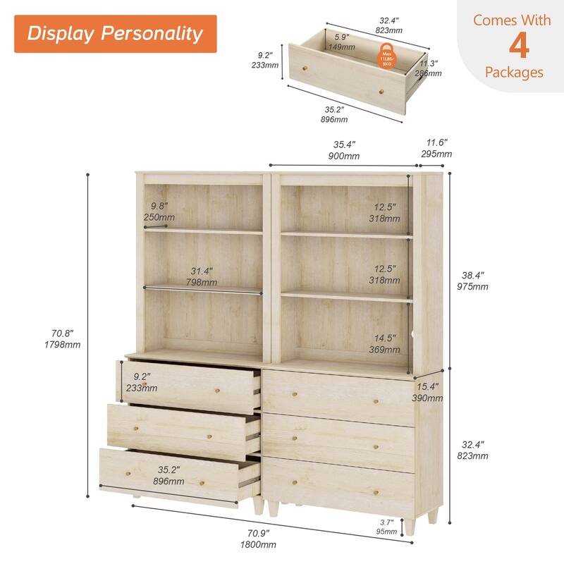 Modern 71" Tall Bookcase with Drawers & Open Shelves for Home Office