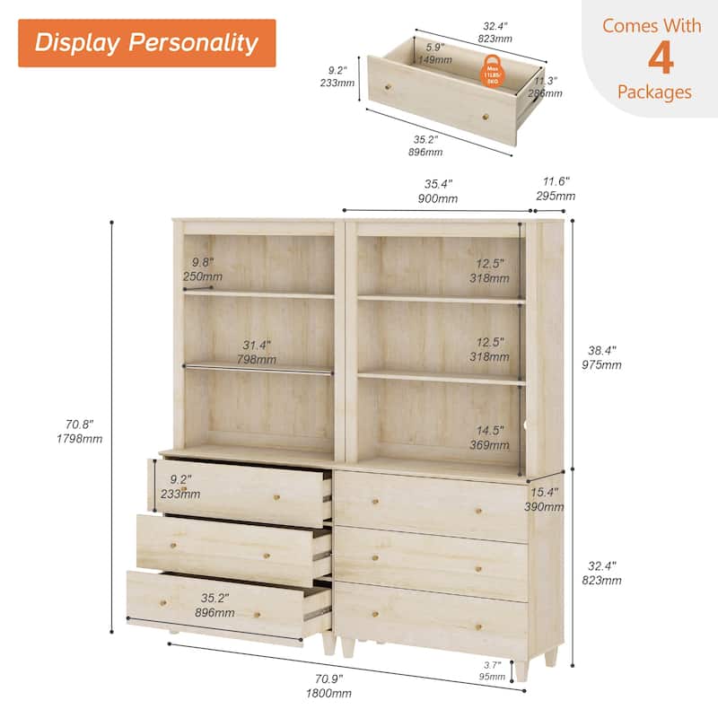 WAMPAT Modern 71" Tall Bookcase with 6 Drawers, 2 Columns 3-Tier
