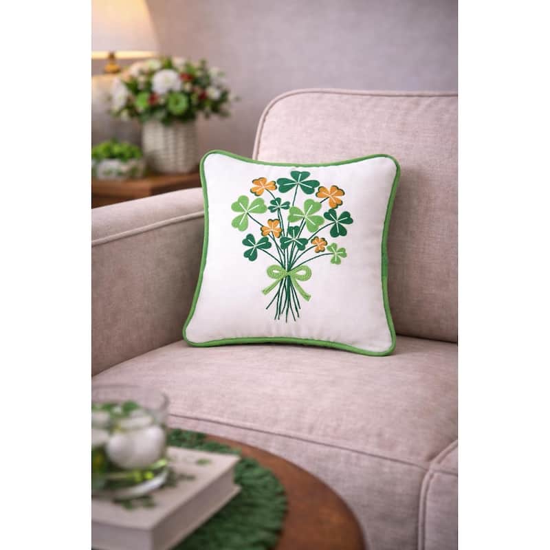 St. Patrick's Day Shamrock Bouquet Embroidered Mini Cotton Accent Pillow, 10" x 10"