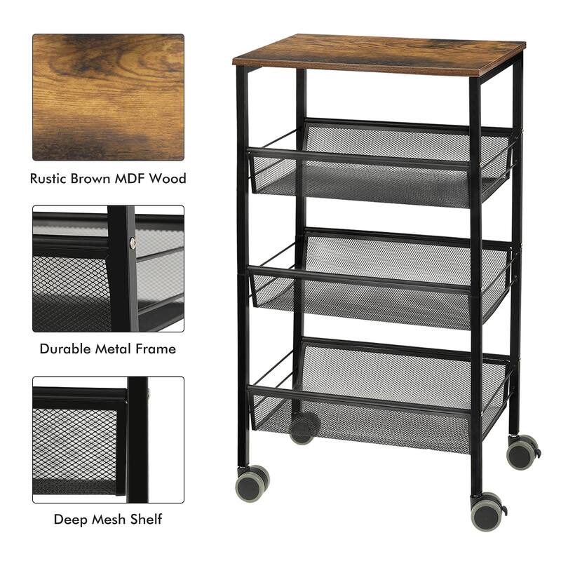 Kitchen Storage Rolling Cart, 4-Tier Kitchen Island Cart on Wheels with Wooden Shelves, Lockable Utility Cart with Mesh Baskets