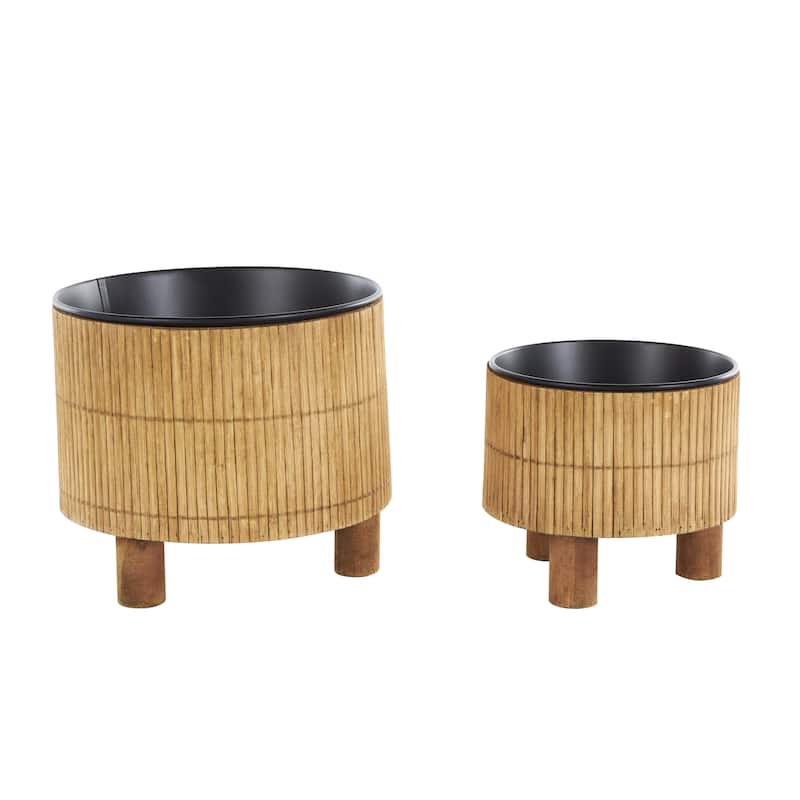 Bamboo Wood Handmade Indoor Planter with Black Metal Interior - Set of 2 Brown - Roche River Decor