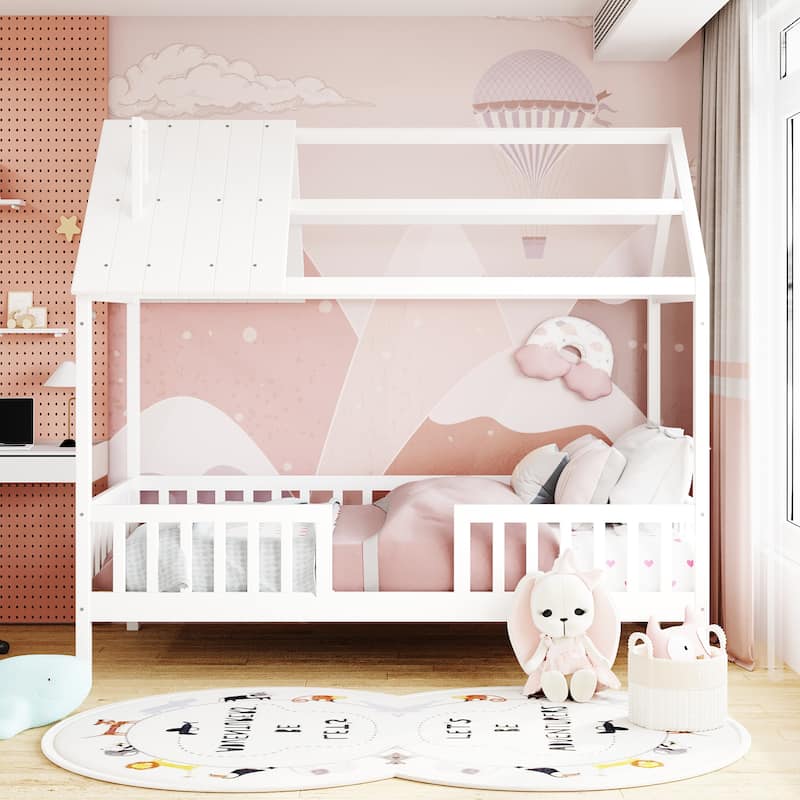 Twin Size House Bed with Fence, Semi-enclosed Play Platform Bed with Roof and Chimney Decoration, for Kids Bedroom - White - Twin