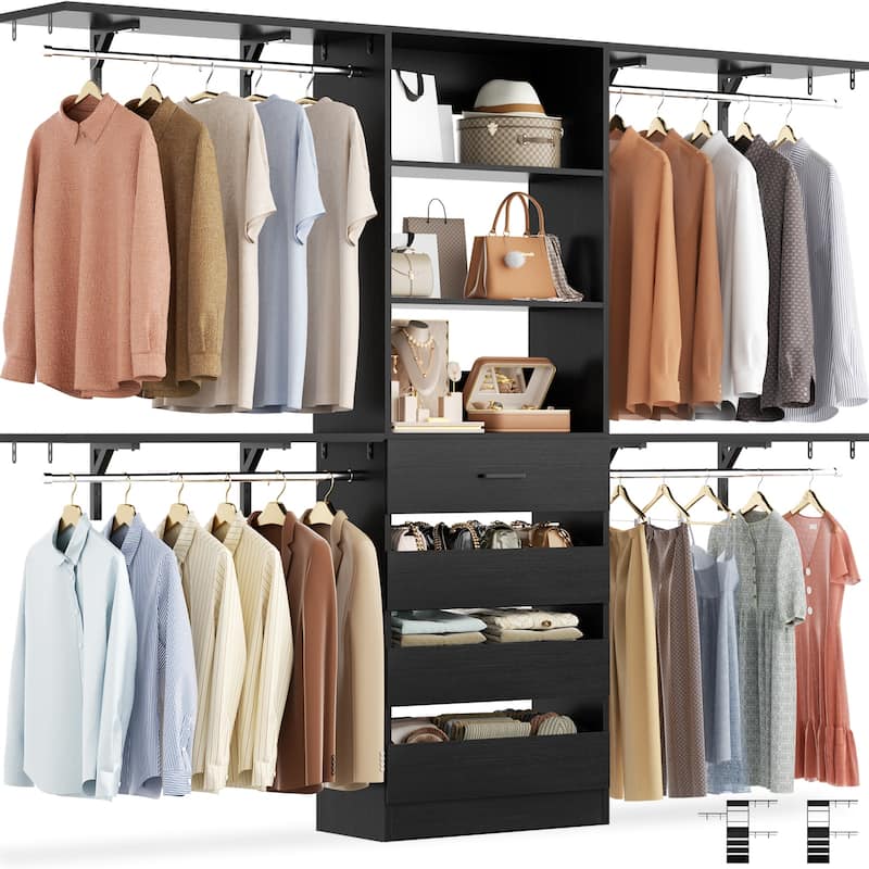 Rackcog 96'' Closet System with 4 Drawers and 4 Hanging Rods, 8FT Wood Closet Organizer for Walk-in Closet