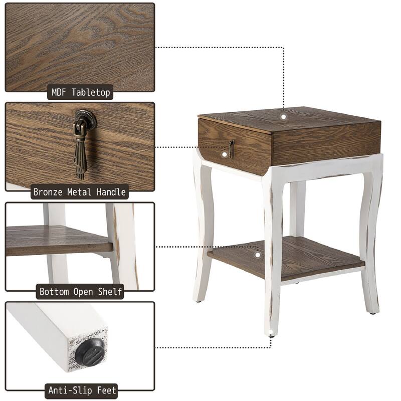 SUNBURY Farmhouse Nightstand Wood Accent End Table w Drawer and Shelf