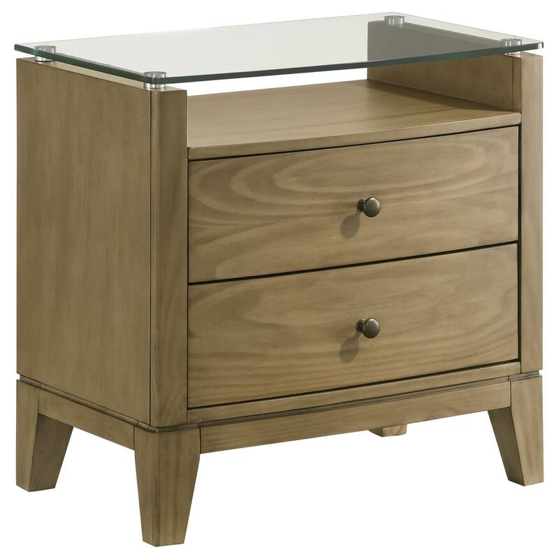 Natural Pine 2-Drawer Glass Top Nightstand with Curved Fronts, Cord Management and Antique Nickel Hardware