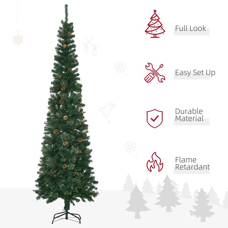7.5ft Slim Pine Pencil Christmas Tree with Pine Cones, Easy Assembly for Small Spaces