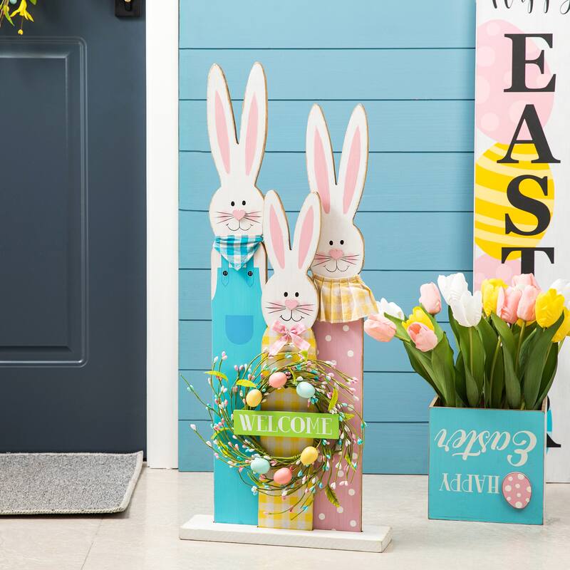 Glitzhome Easter Wooden Bunny Family Standing Decor Porch Sign with Wreath Welcome Wall Decor Party Supplies Props
