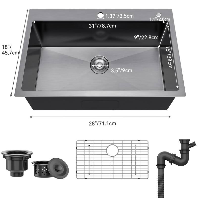 Drop In Kitchen Sink, 24/28/30 Inch Top Mount Stainless Steel Nano Gunmetal Black Sink with Sink Protector