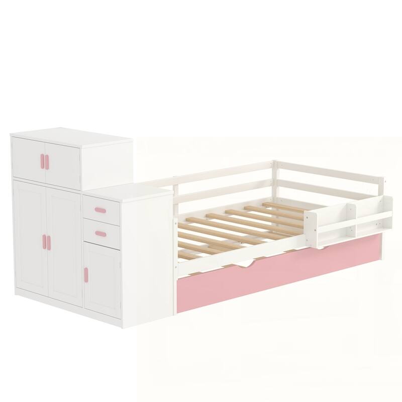 Wood Platform Bed with Sample Bookshelf and Movable Wardrobe