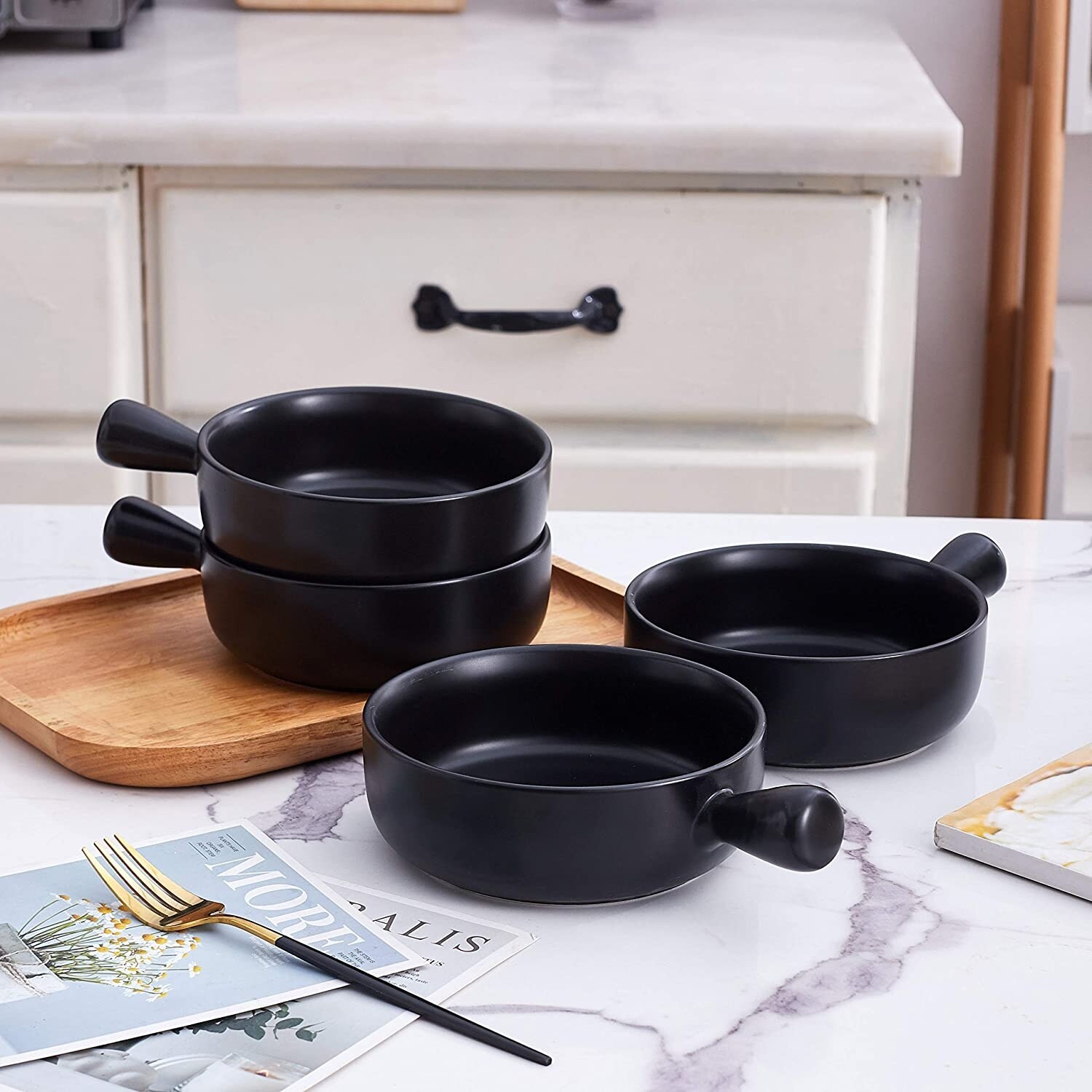 Bruntmor Ceramic Matte Glaze French Onion Soup Bowls With Handle Set of 4 Black Bruntmor Ceramic Matte Glaze French Onion Soup Bowls With Handle Set of 4 Black
