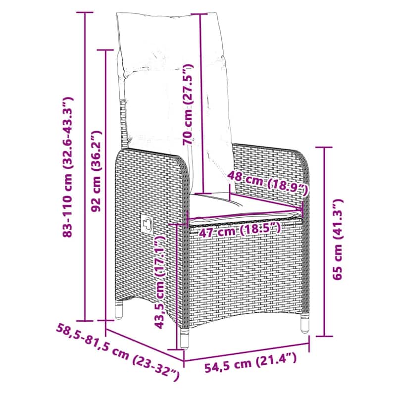 vidaXL Reclining Patio Chair with Cushions Outdoor Furniture Gray Poly Rattan - 21.5" x 23" x 36.2"
