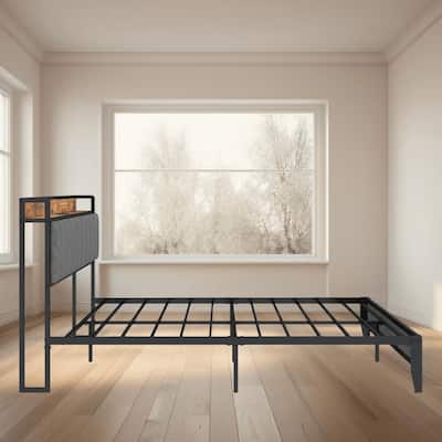Queen and Full Size Bed Frame with Charging Station, Upholstered Headboard and Metal Platform, Bedroom Furniture