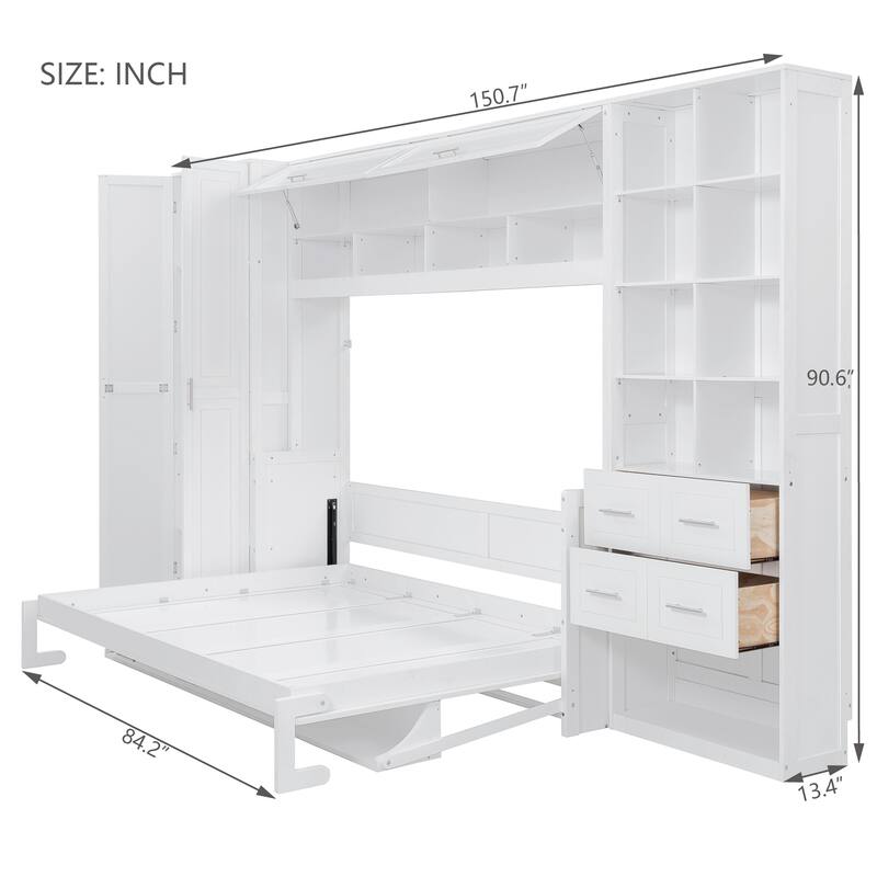 Queen Size Murphy Bed with Side Wardrobe & Flip Design, Foldable Wooden Wall Bed with Storage Drawers & Shelf for Home Office