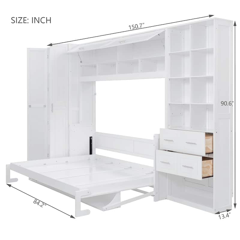 Versatile Queen Size Murphy Bed with Long Desk, Storage Folding Bed Frame with Closet, Cabinets, Drawers and Shelves