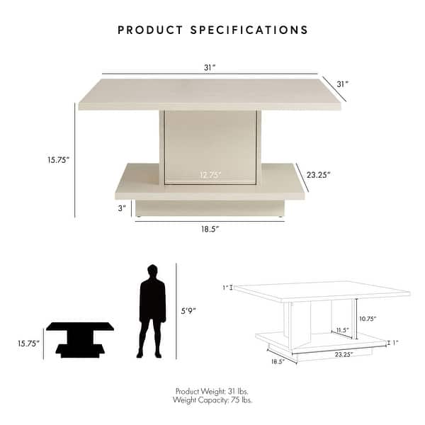 dimension image slide 1 of 2, Ross Modern Square Coffee Table with Wrap Around Base Shelf and Hidden Storage by Strick & Bolton