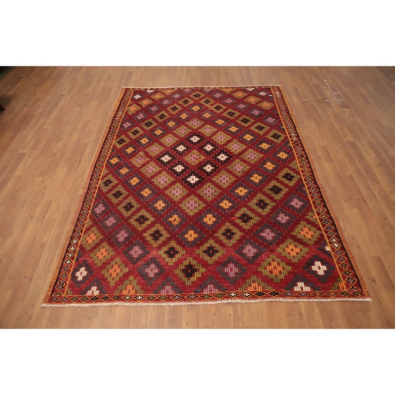 Hand Woven Oriental 100% Wool Carpet Southwestern Tribal Red Kilim Area Rug - 7' 4'' X 5' 5''