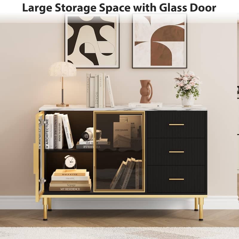 Fluted Sideboards Buffets Cabinet with Glass Doors, 3 Drawers, Marble Top Kitchen Sideboard Cabinet