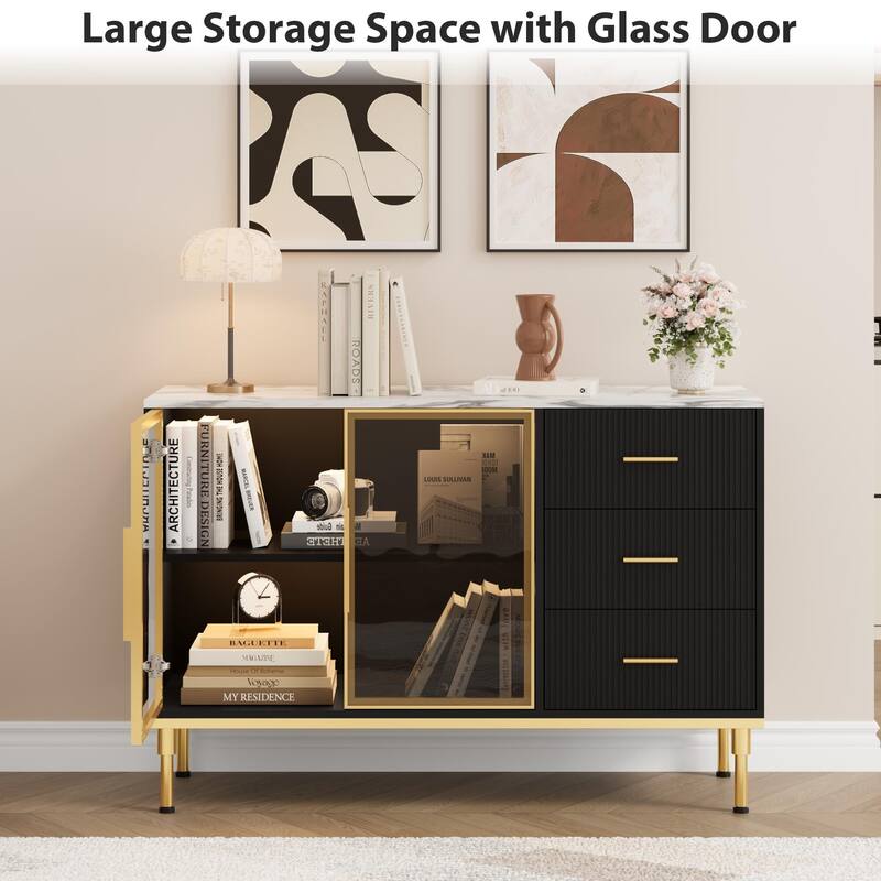 Sideboard Buffet Cabinet, 48" Kitchen Sideboard Cabinet with 3 Fluted Glass Doors Removable Shelves