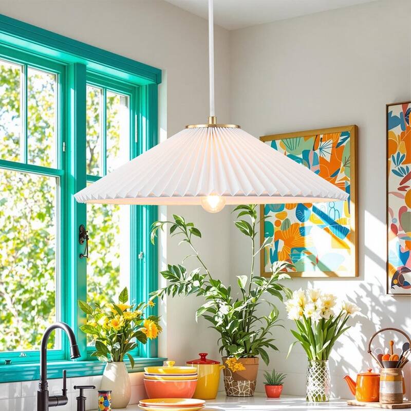 Scandinavian 1-Light White Fabric Pleated Conical Pendant Light - 18 Inches