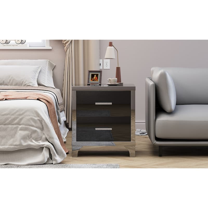 High Gloss Mirrored Nightstand with 2 Drawers,Modern End Table with Drawers,Mirrored High Gloss Wood Nightstand Metal Handle