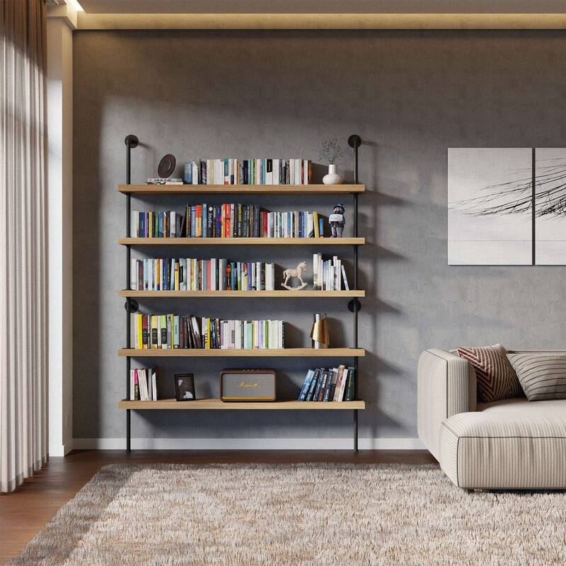 Wallniture 60" x 9.25" Pipe Bookcase, Industrial Book Shelving Unit, Hanging Shelves for Home Organization, Farmhouse, 5 Tier - Brown