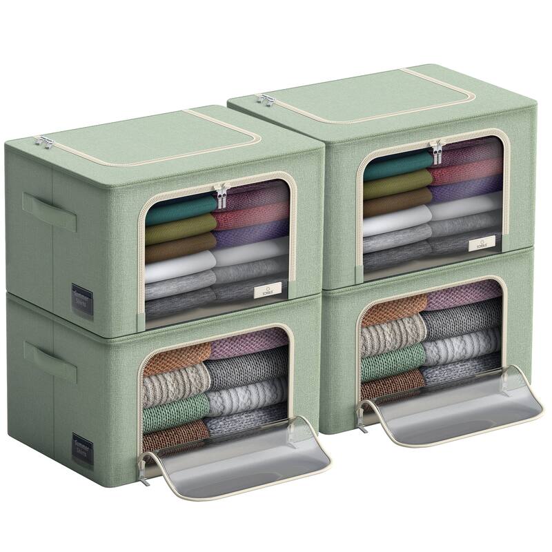 Sorbus Storage Bins with Metal Frame Stackable Foldable Clothes Organizer Bags Oxford Fabric With Clear Window & Handles- 4Pk - Teal