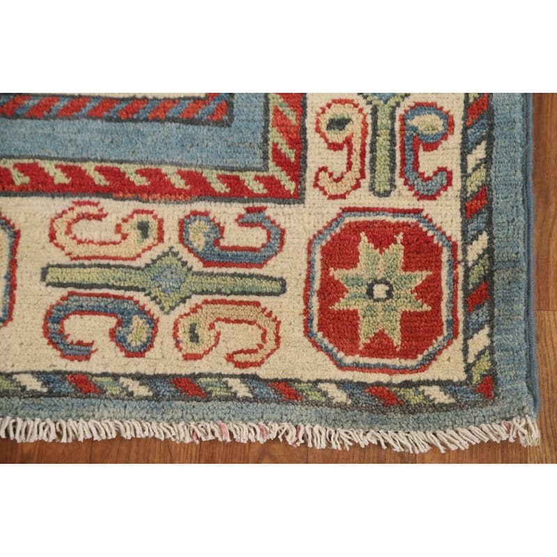 Blue Geometric Kazak Runner Rug Hand-Knotted Traditional Wool Carpet - 3'4" x 16'4"