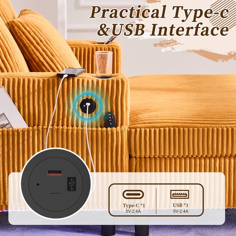 GDFStudio - Corduroy Recliner Sofa with USB Charging, RGB LED Light Strip - Suitable for Living Room and Bedroom