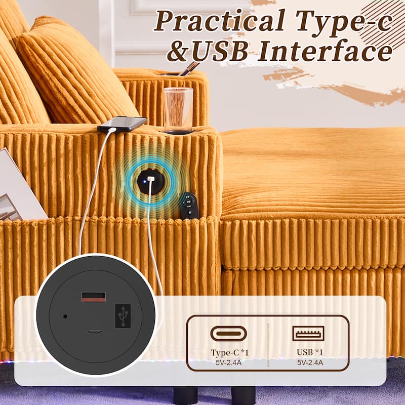 Recliner Sofa Loveseat with Chaise Lounge, Sleeper Sofa with USB & Type-C Charging Ports, Sofa Bed with Cup Holders