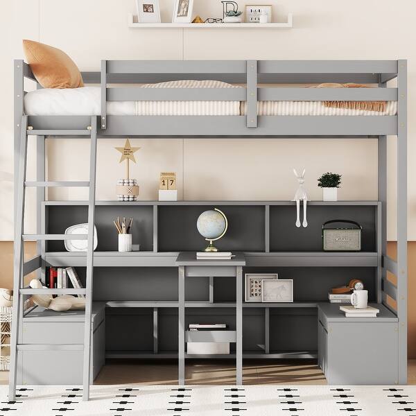 slide 2 of 6, Grey Twin Size Wood Loft Bed with Storage Shelves, Drawers, Seat And Desk for Bedroom Grey